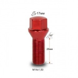 Болт С17D28 R-Cr  M14X1.50X28 Красный хром  конус с выступом ключ 17 мм